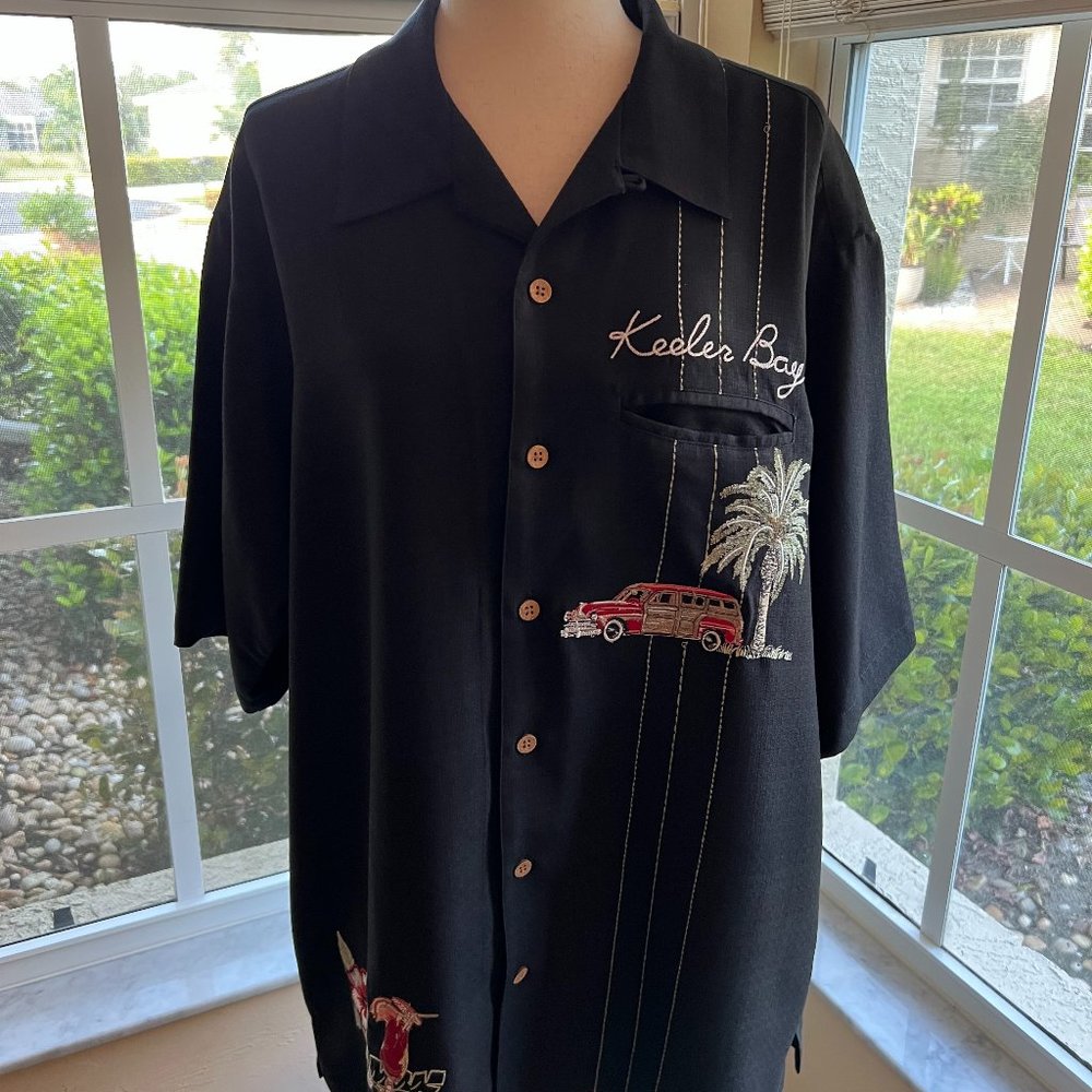 KEEBLER BAY Hawaiian black. shirt in size XL palm trees tropical  drinks Woodie